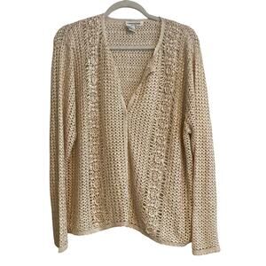 Composition New York Cream 100% Silk Open Crochet Button Up Cardigan Sz Medium